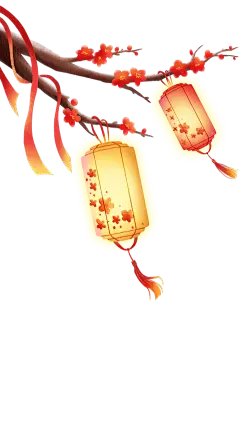 中国风系列插画感光感树枝飘带悬挂灯笼