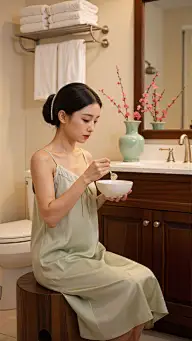 家居系列写实感穿睡裙女生在浴室里调护肤品图片