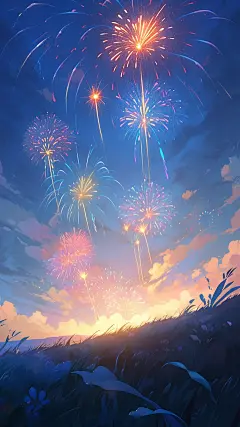 元旦节新年梦幻感烟花背景插画元素素材