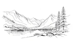 常规内容-风光系列黑白群山湖泊线稿元素
