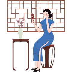中国风人物插画素材-旗袍女人化妆