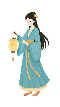 中国风扁平风古代蓝衣女子手提灯笼元素