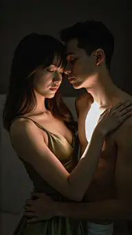 常规内容-人物系列写实感亚洲情侣黑暗中亲密依偎阳光照射在身上图片