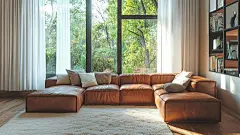 家居系列写实感客厅沙发地毯+落地窗窗外树林背景