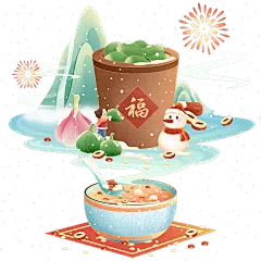 腊八节中国风中式微缩腊八粥山水场景组合元素素材
