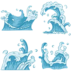 蓝色手绘国潮风水花海浪插画元素2