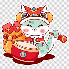 蛇年春节可爱插画青蛇IP红包鼓组合贴纸元素