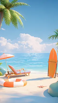 夏天夏季夏日海边3D立体场景背景素材
