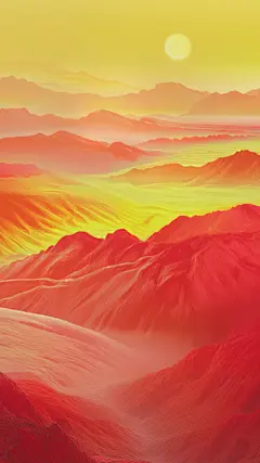 中国风系列实景感日出时分山峦景色的艺术插画图片