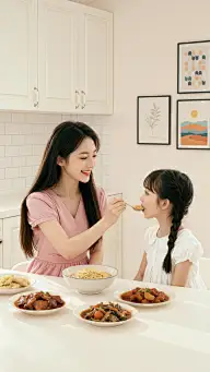 人物系列写实感亚洲粉色衣服妈妈喂女孩子吃饭图片