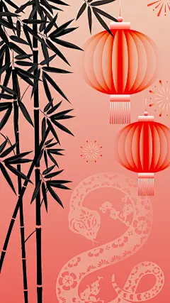 小年简约渐变灯笼竹影蛇纹样背景