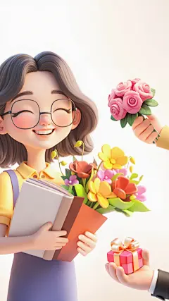 教师节3D人物鲜花礼物背景