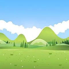 常规系列-风光系列卡通风蓝天白云绿色山脉草原插画