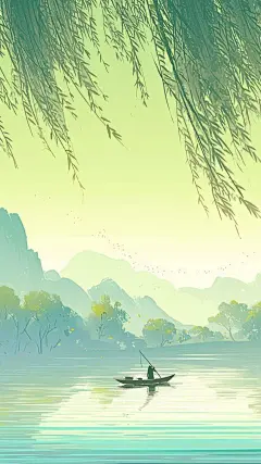 清明通用插画水墨风山水柳叶背景场景图片素材