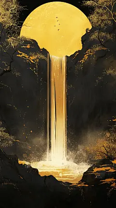 中国风系列鎏金月色山水瀑布通用背景素材