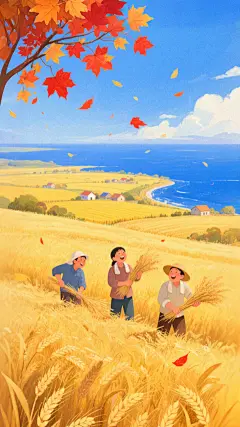 立秋肌理感麦田枫叶人物插画背景